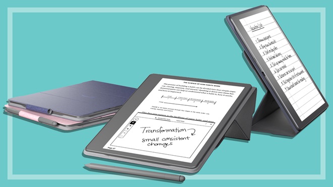 three Amazon Kindle Scribe e-readers in different positions on a teal background